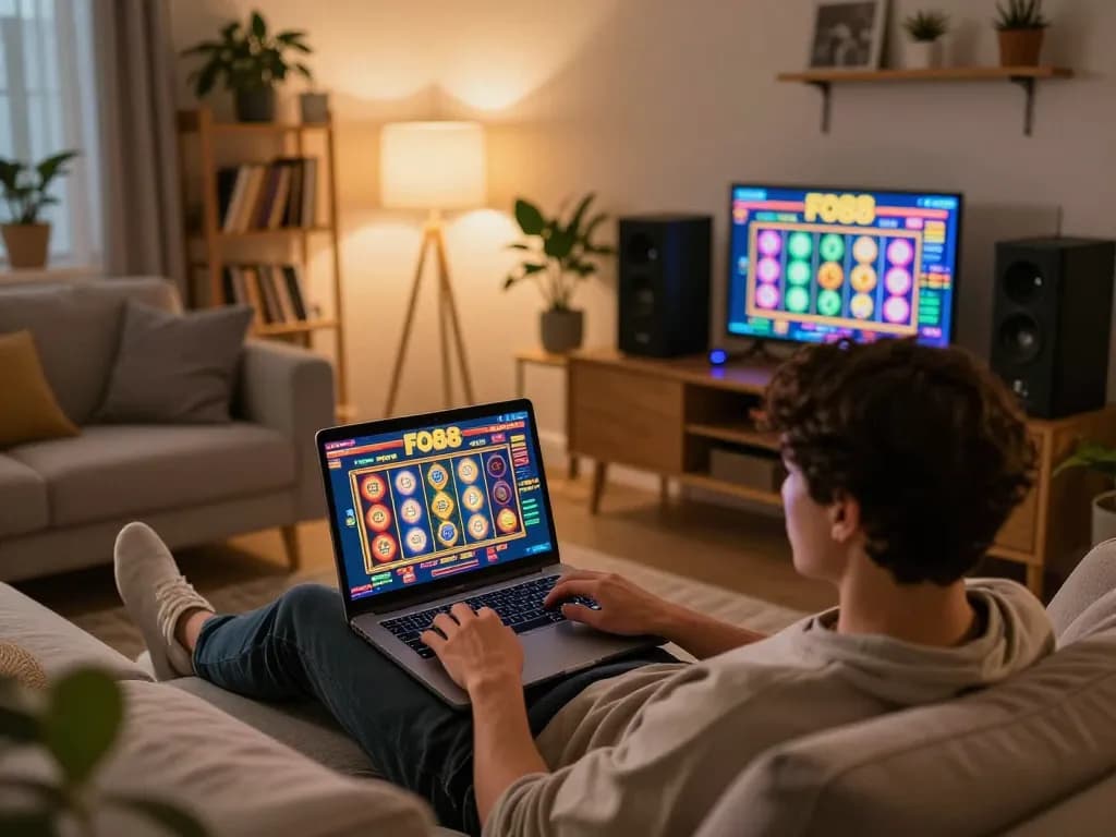 Person engaging in online gambling at FO88 with a laptop, surrounded by a cozy and stylish home environment.