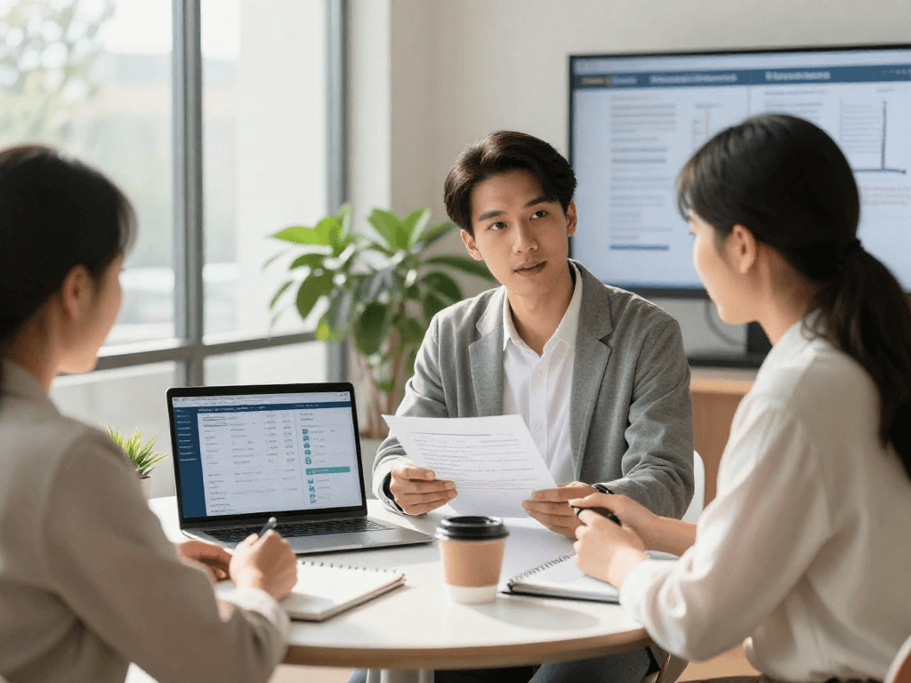 Property management fees discussion in a professional office between a property manager and landlord.