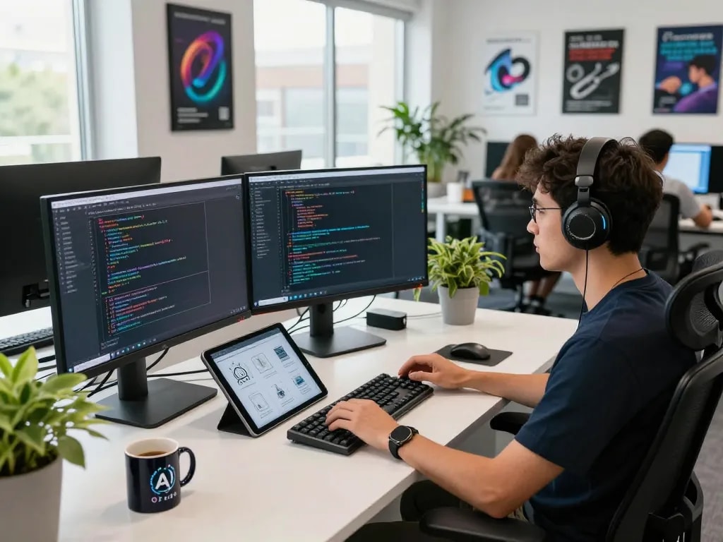 Developer working on open claw AI with multiple monitors and vibrant workspace.