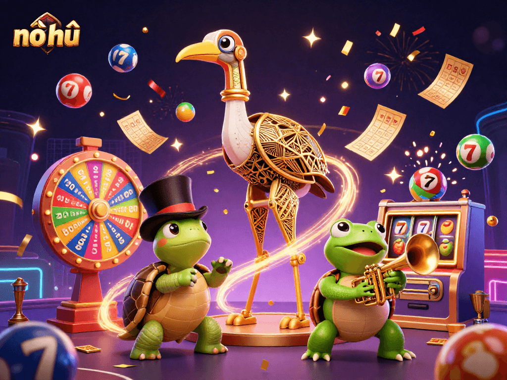 Engage in nổ hũ excitement with vibrant lottery balls and slots in this lively 3D casino scene.