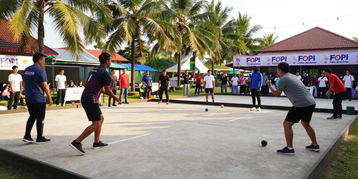 Engaging petanque match at FOPI Kota Bontang with players competing under a sunny sky, showcasing fopikotabontang.org.