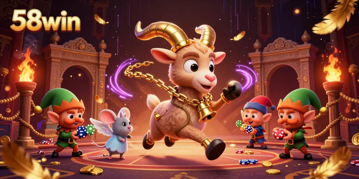Engage with 58win's vibrant casino scene featuring Krampus and mischievous elves amidst a festive backdrop.