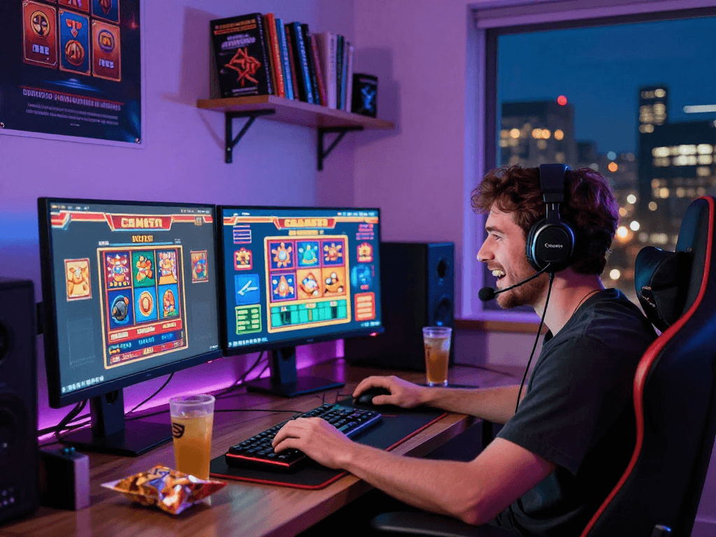Excited gamer exploring non GamStop casinos on dual monitors in a vibrant setting, snacks and drinks nearby.