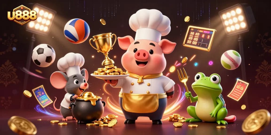 Place your bets with u888 in this vibrant casino scene with golden coins and sports elements.
