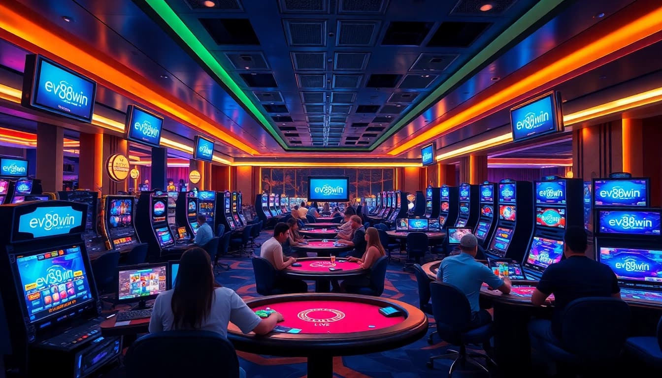 Dynamic gaming scene featuring ev88win.live logo and diverse players enjoying online casino games.