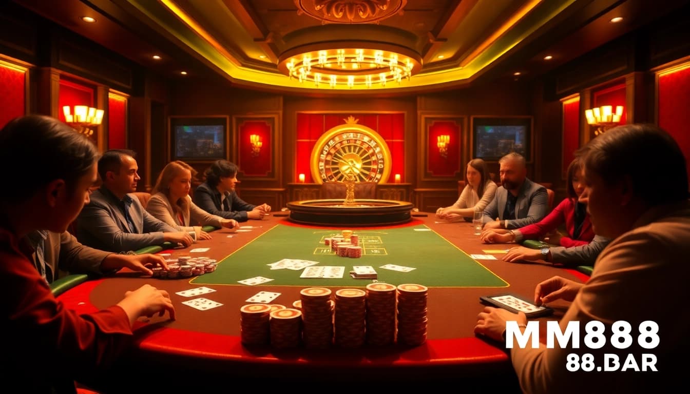 Engage in high-stakes poker at MM88.BAR, featuring vibrant chips and cards