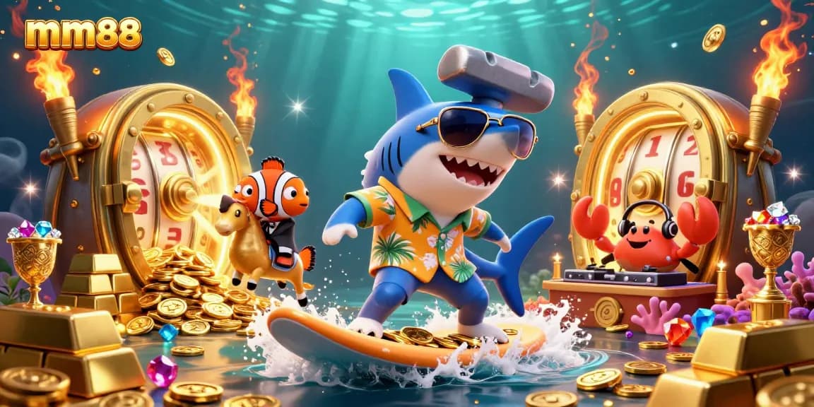 Experience the thrill at mm88 with a vibrant 3D illustration featuring a hammer-head shark, clownfish, and crab DJ in a casino setting.