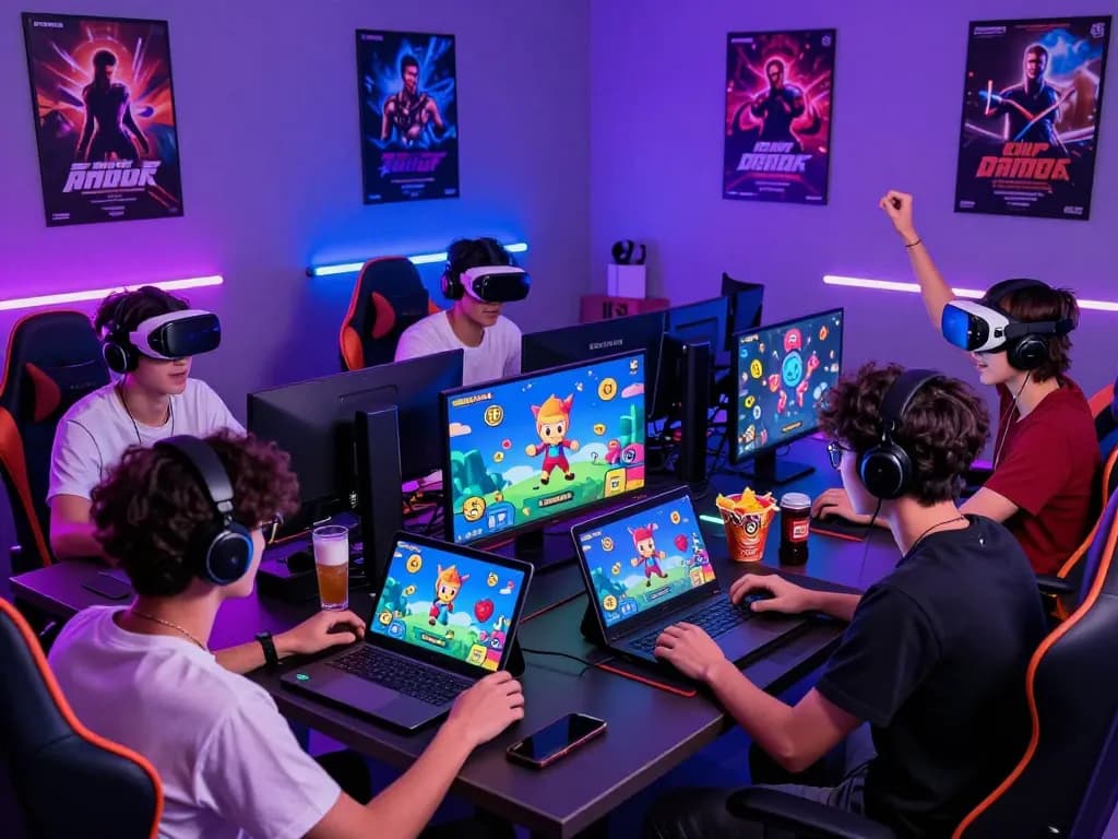 Engaged players enjoying porngame titles in a vibrant gaming setup with multiple devices.