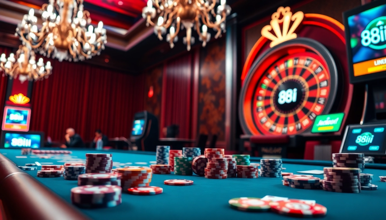 88i players engage in thrilling casino games amid vibrant lights and luxurious decor.