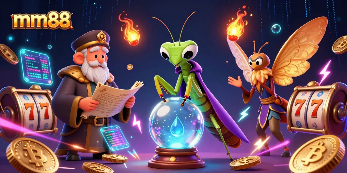 Spin and win at mm88 with a vibrant, detailed scene showcasing slot reels and cryptocurrency elements.