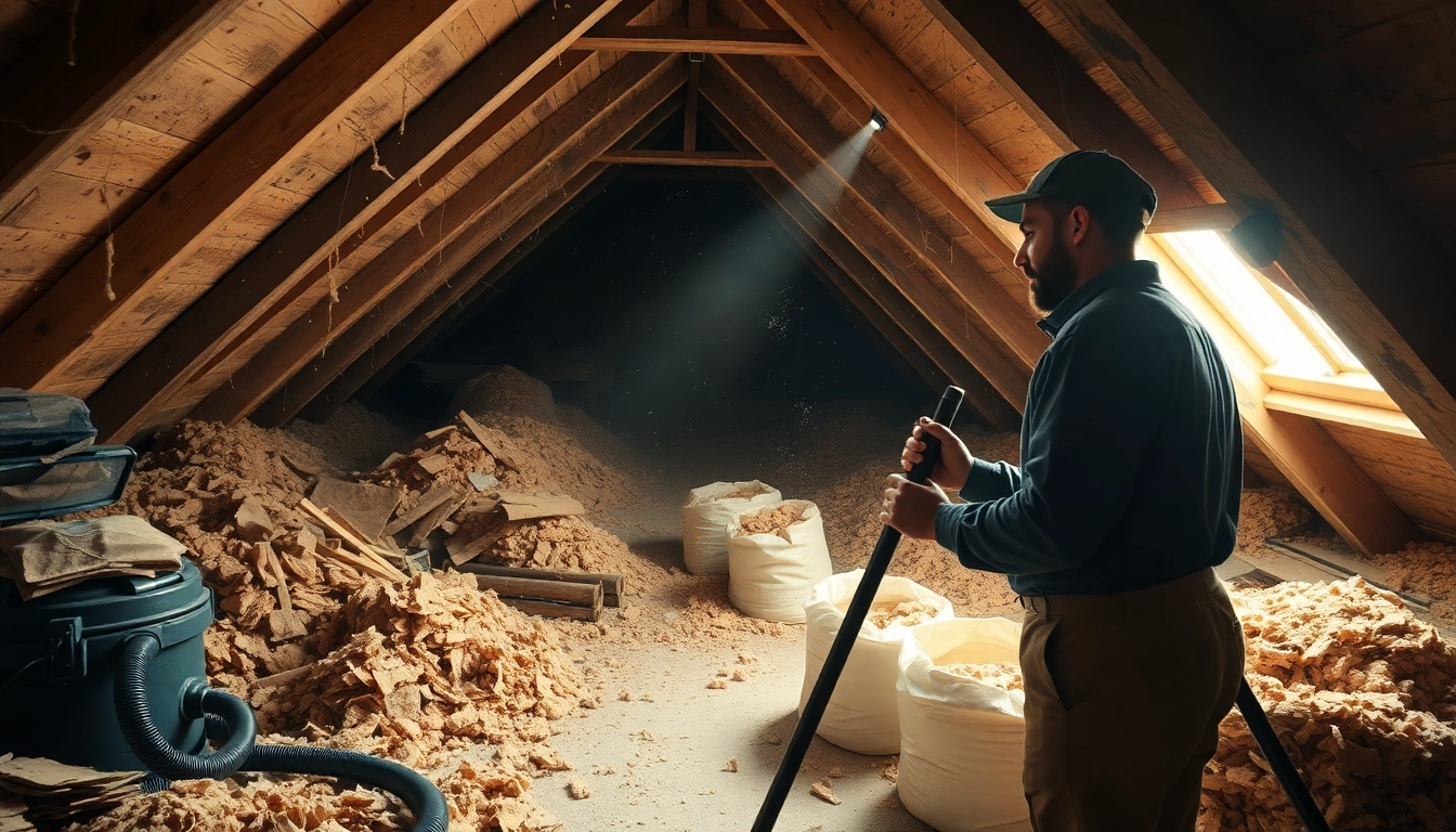 loft insulation removal specialist inspecting attic space, demonstrating expertise with professional tools
