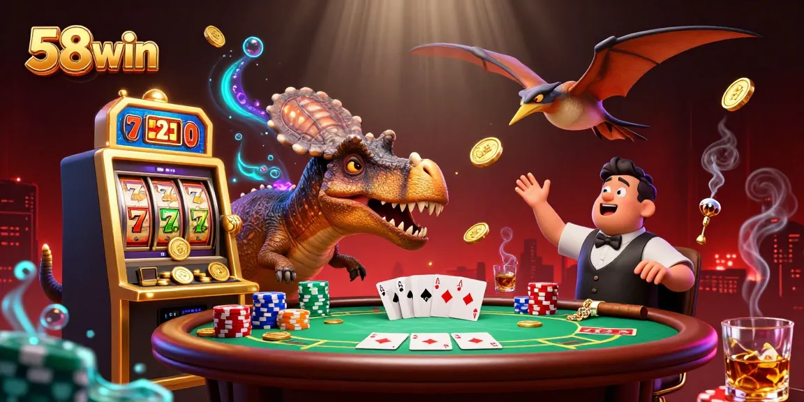Watch the 58win casino scene come alive as characters engage in a jackpot slot machine frenzy!