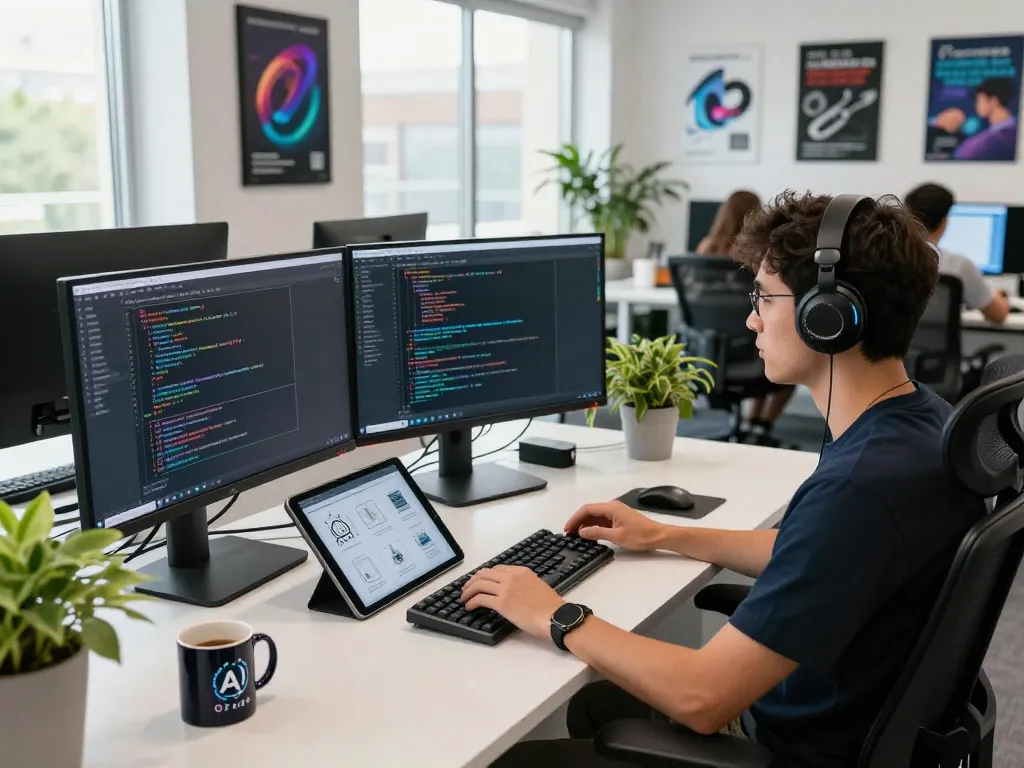 Developer working on open claw AI with multiple monitors and vibrant workspace.