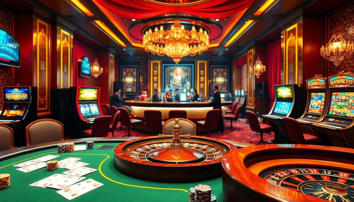 Experience the thrill of betting at mb66.nyc with vibrant casino elements like roulette wheels and poker tables.