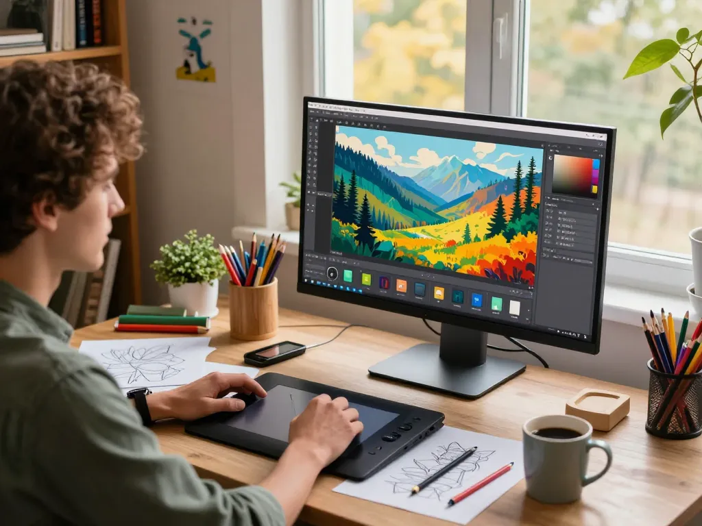 Artist engaging with Nano Banana Pro in a creative workspace, showcasing AI image generation.