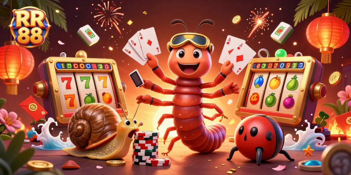 Engage with RR 88: A vibrant scene featuring colorful slot reels, a lively casino atmosphere, and whimsical characters.