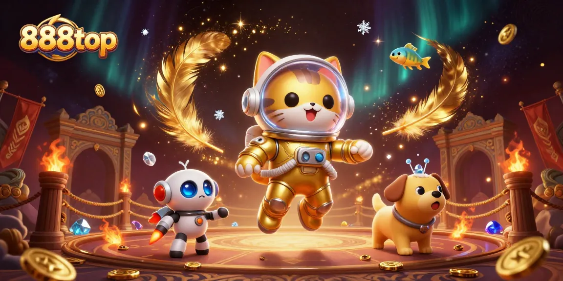 Play exciting games at 888top with a space-themed casino scene filled with gold coins and tokens.