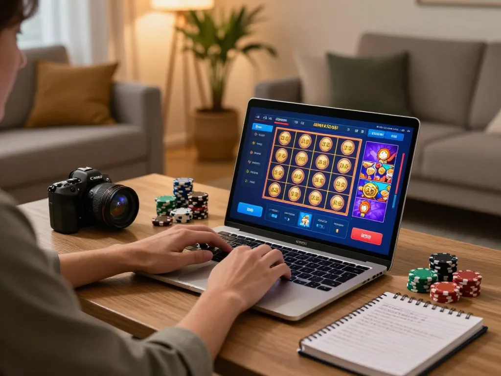 Player engaging with the f168 online casino interface on a laptop, showcasing a cozy home gaming atmosphere