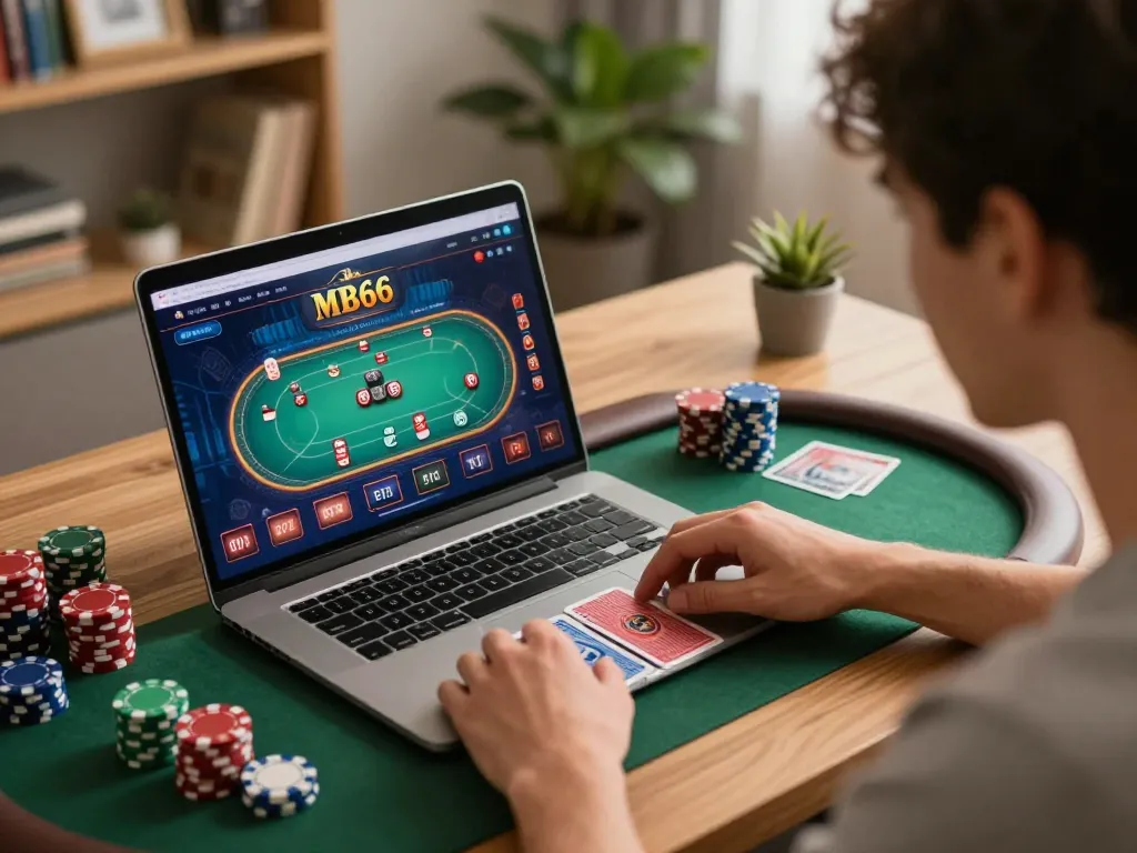 Engaging online gaming experience with MB66 poker interface displayed on laptop, showcasing focus and strategy.