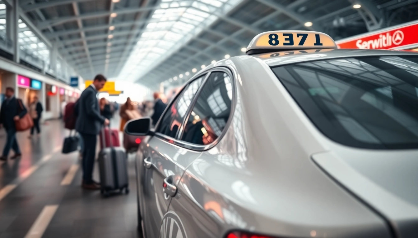 Taxi picking up passengers at Heathrow airport with vibrant background activity.