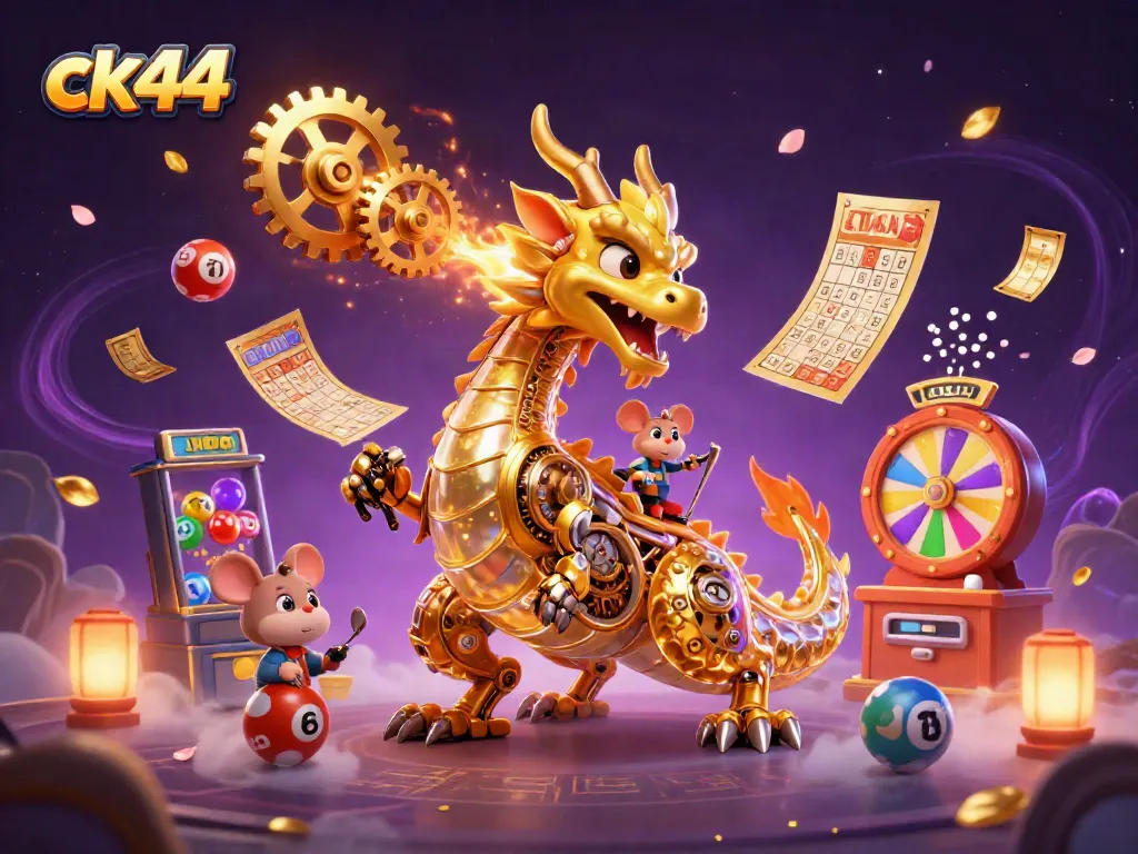 Experience ck44's vibrant casino action with a golden dragon, colorful lottery elements, and a lively atmosphere.