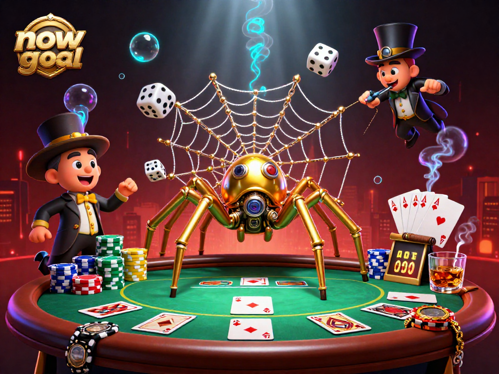 Engage with the nowgoal steampunk poker scene featuring intricate golden webs and dynamic casino elements.