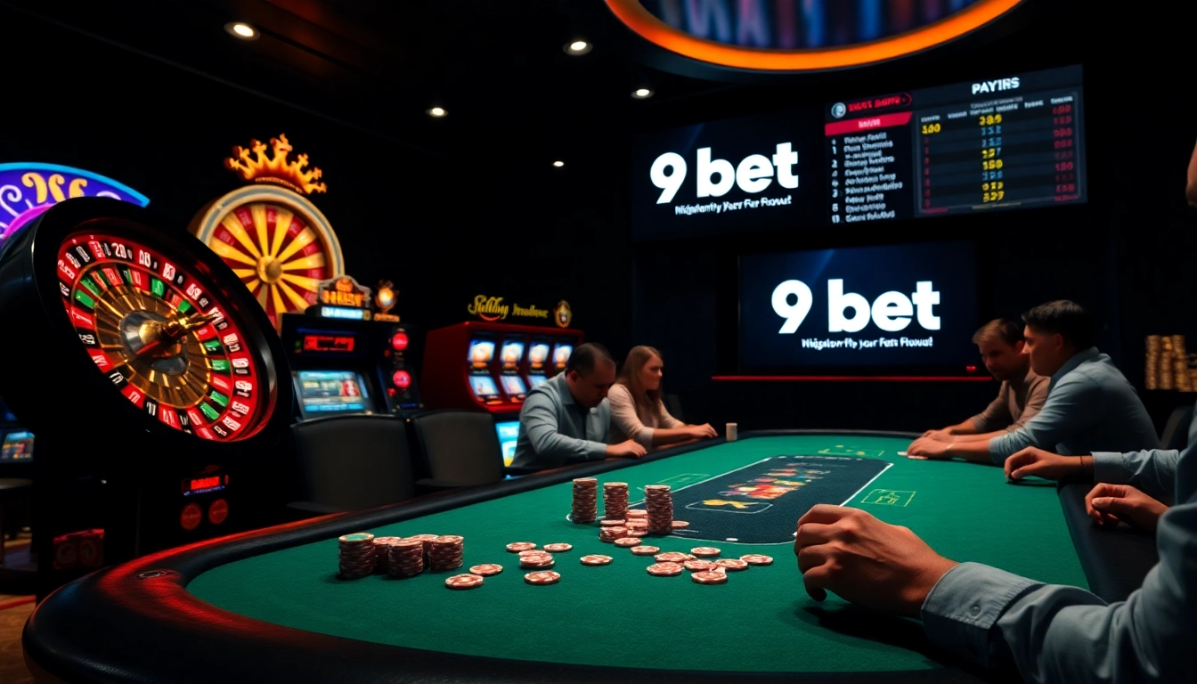 High-stakes casino scene featuring poker players, roulette, and a modern 9bet logo.