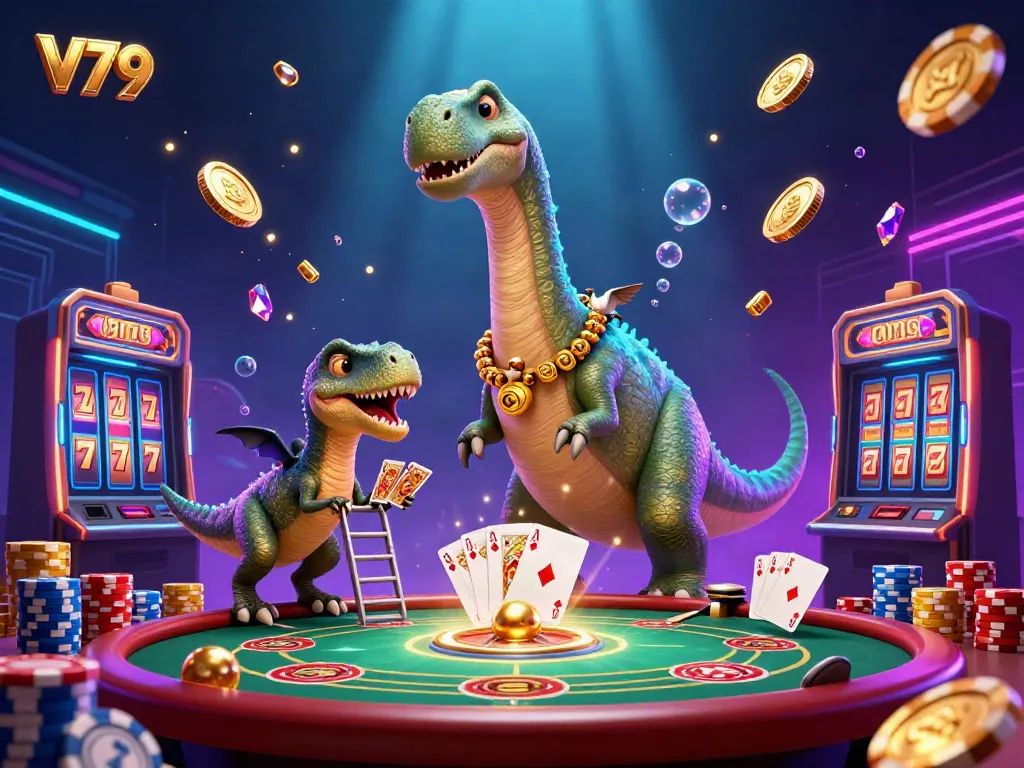 Experience thrilling gameplay at V79 with a vibrant 3D casino scene featuring a poker table under a towering dinosaur.