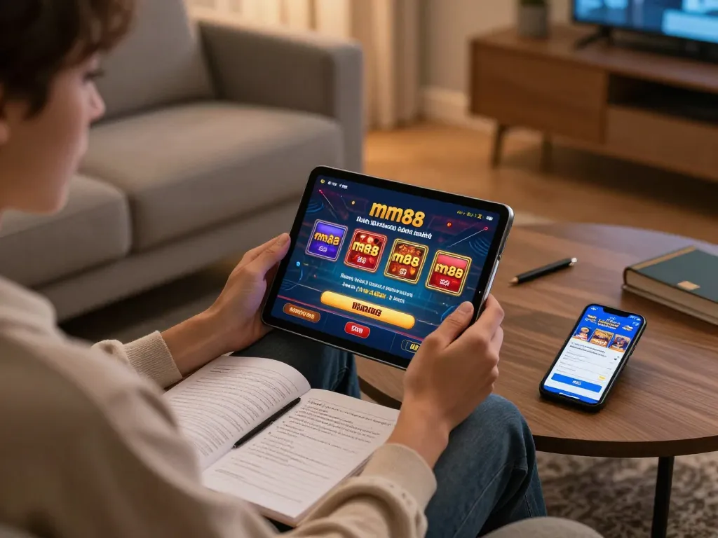 Player enjoying mm88 online casino on tablet, showcasing a responsible gaming atmosphere.