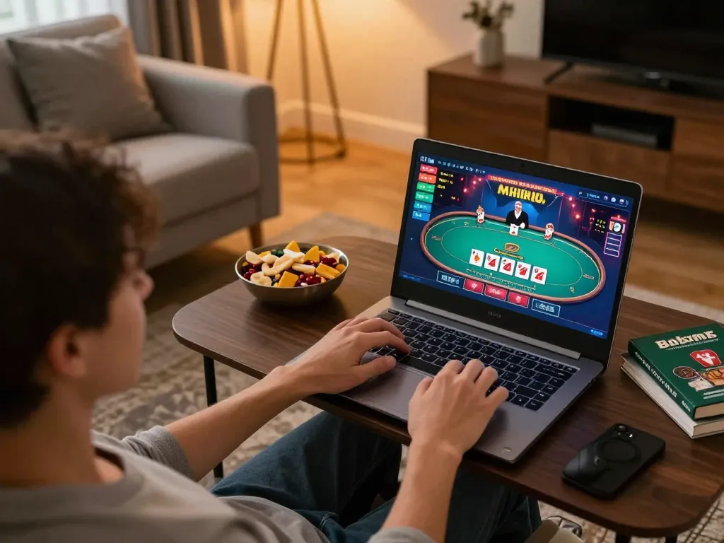 Engaging in online casino games at home, highlighting nhà cái win55 in a vibrant poker setting.