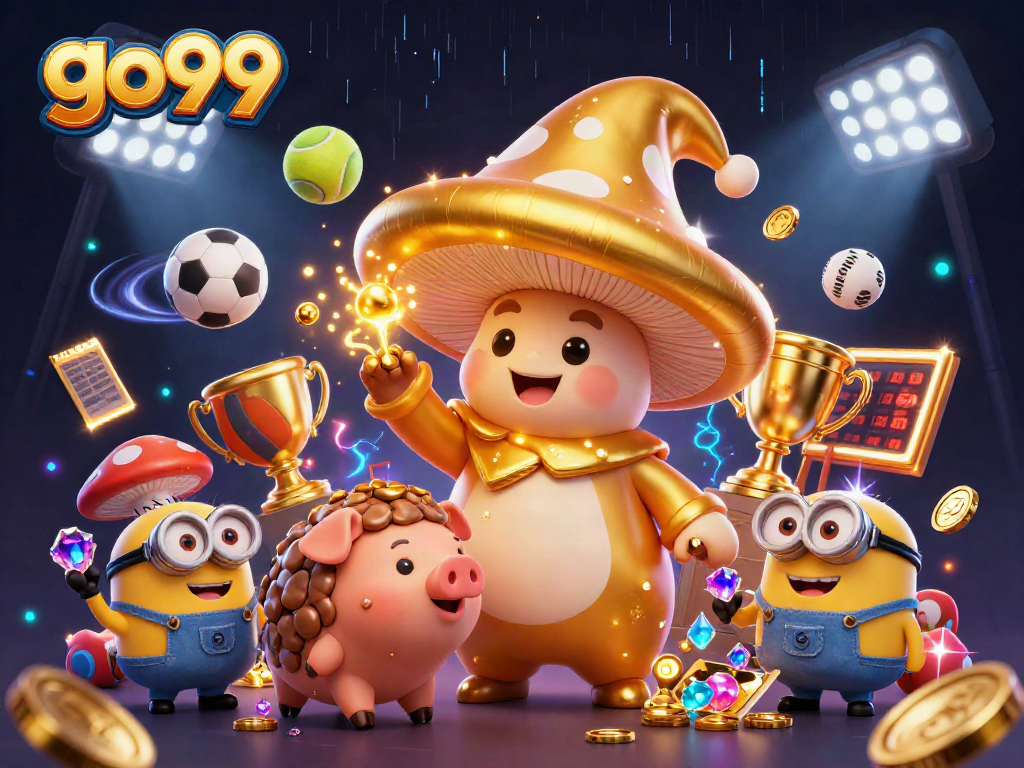 Experience the excitement of go99 sports betting with a magical 3D illustration featuring a golden wizard and treasures.