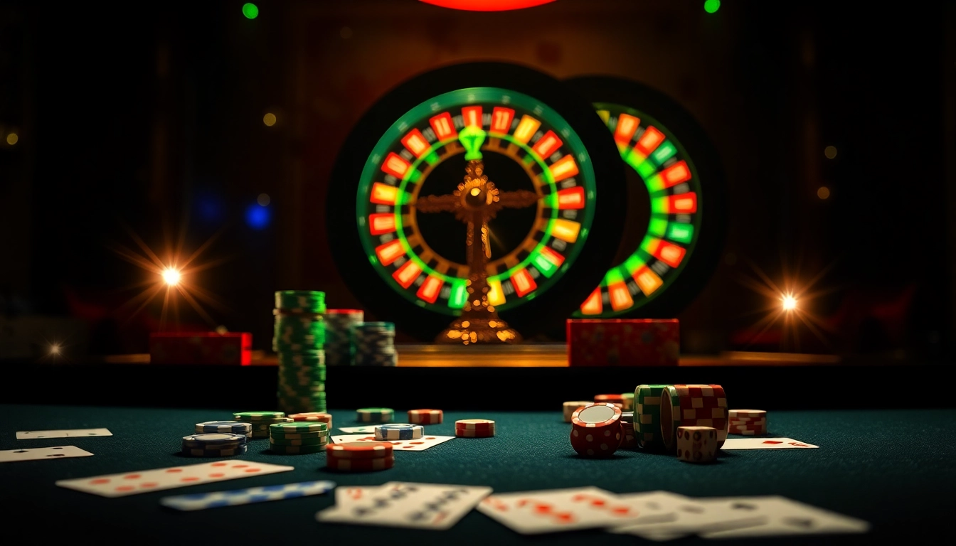 Engaging online gambling scene at https://tt88times.com/ showcasing poker chips and a roulette wheel.