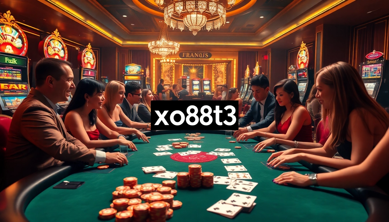 Players enjoying a thrilling poker game at a luxurious casino table, featuring the keyword xo88t3 prominently displayed.