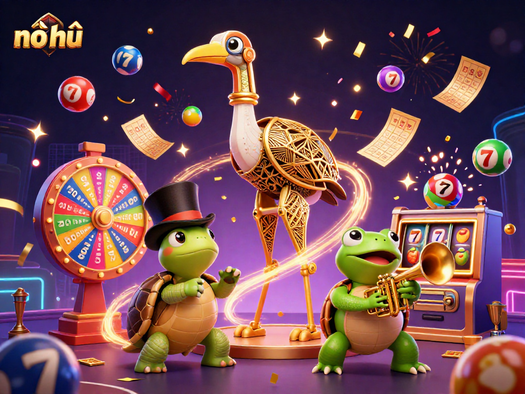 Engage in nổ hũ excitement with vibrant lottery balls and slots in this lively 3D casino scene.