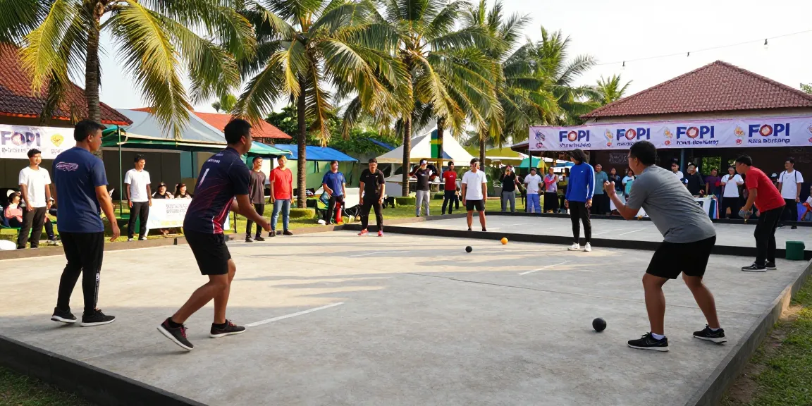 Engaging petanque match at FOPI Kota Bontang with players competing under a sunny sky, showcasing fopikotabontang.org.