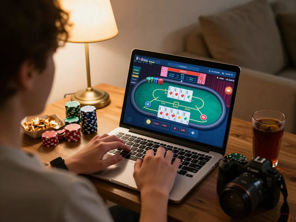 Playing at home with 566 win visible on screen, enjoying lively online poker session