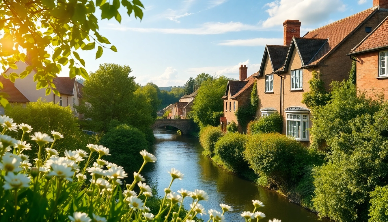 Pyrford Gate village view showcasing charming architecture and lush greenery.