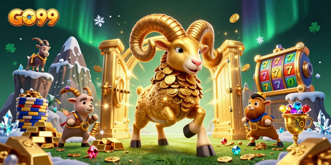 Experience excitement with GO99 as a golden ram charges through a treasure-filled casino scene.