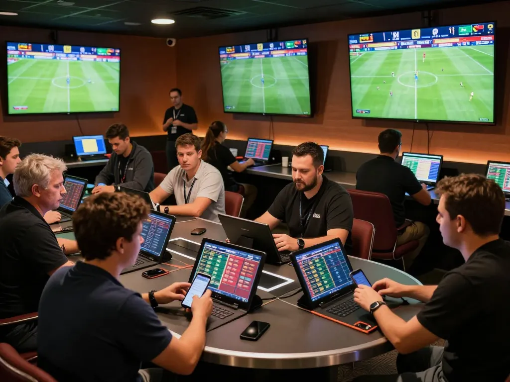 Socolive88 users engaging in live sports betting while analyzing odds and stats on multiple screens.