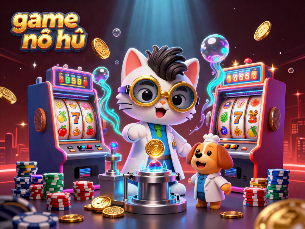 Experience the thrill of game nổ hũ with vibrant slot machines, captivating characters, and festive casino elements.