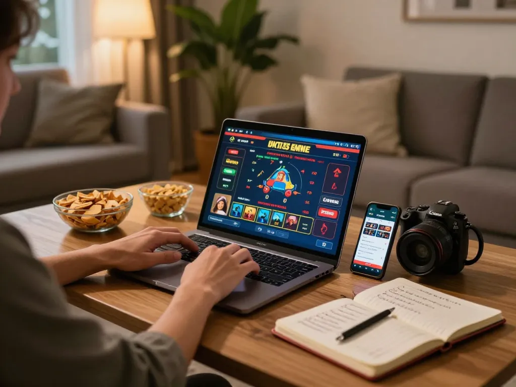 Player engaging with nk88 online casino games on laptop in a cozy home environment.