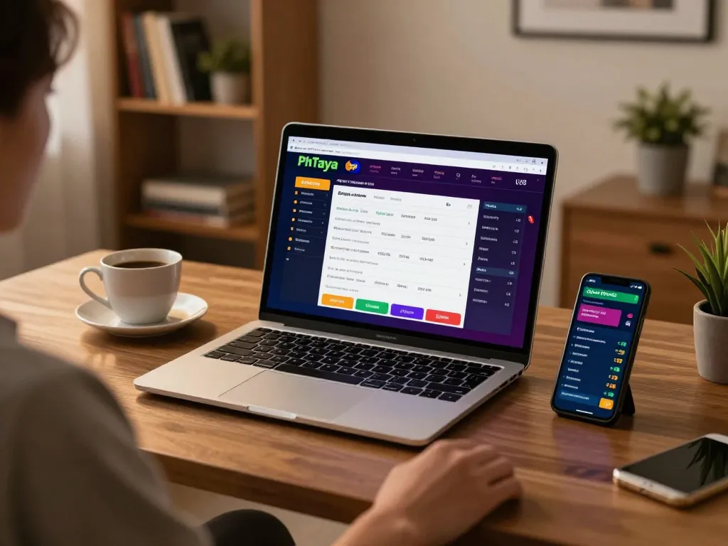 Phtaya user engaging with online sports betting setup on laptop, surrounded by modern decor.