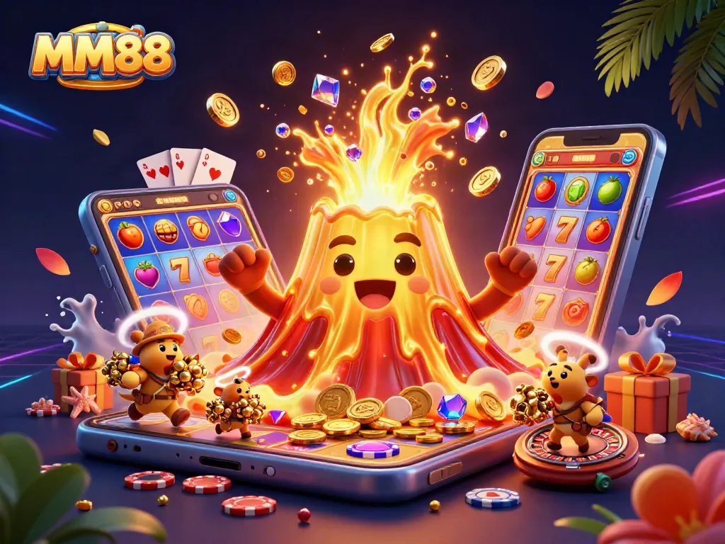 Engage with MM88 through thrilling slot games, animated treasure eruptions, and vibrant casino elements.