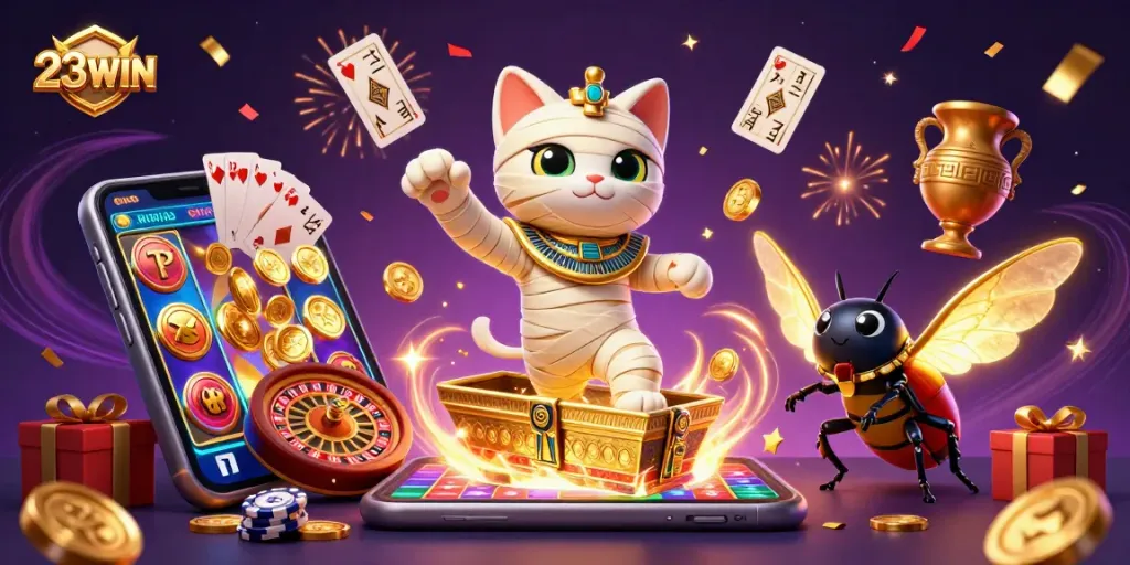 Spin the reels at 23WIN with vibrant slots and festive casino elements surrounding a mummy cat!