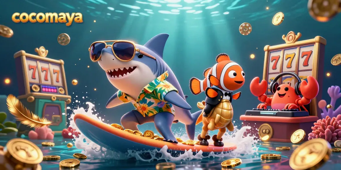 Cocomaya showcases a vibrant 3D casino scene with a shark and clownfish navigating gold coins.