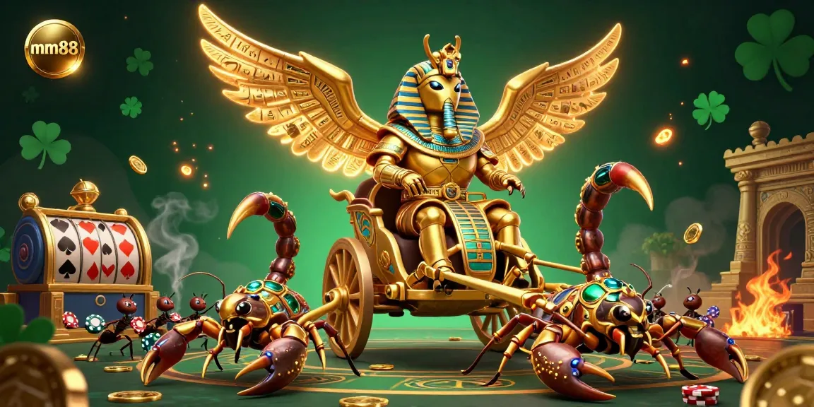 Engage in thrilling gameplay with mm88's golden scarab beetle chariot experience amidst vibrant gambling elements.
