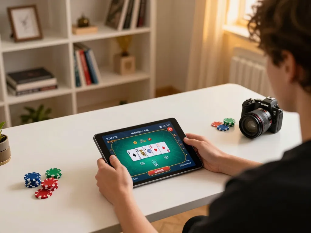 Engaged player using dv88 com on a tablet for online poker gaming in a cozy home setup.