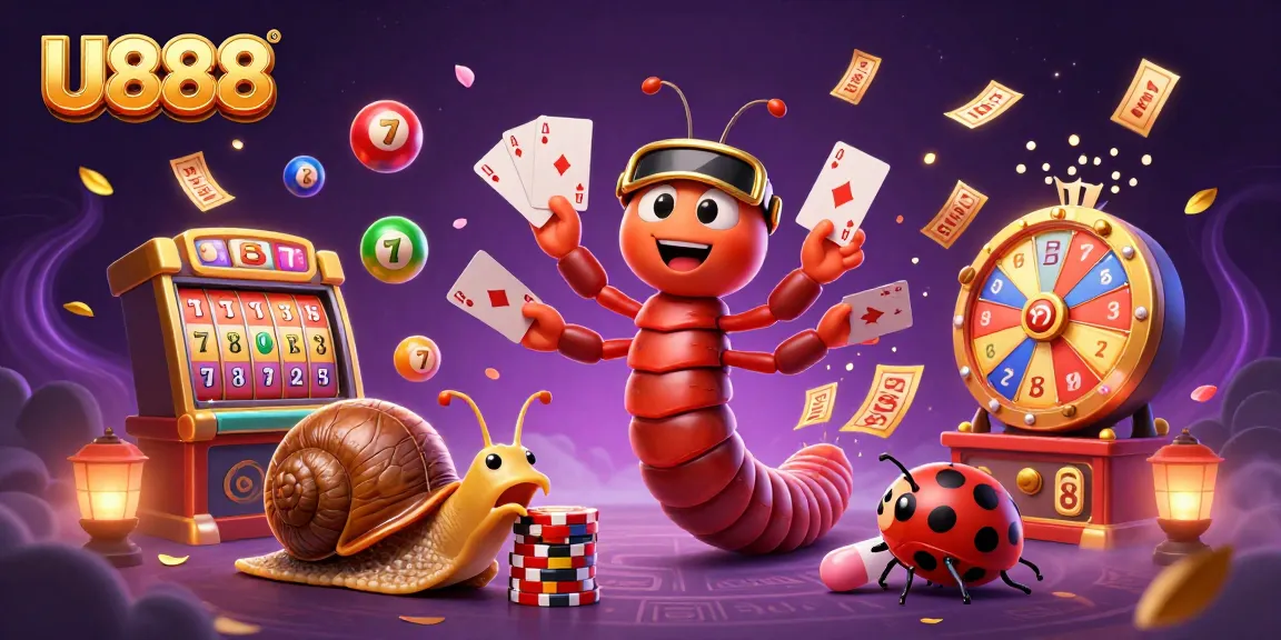 Experience U888's dynamic gaming scene with vibrant slot reels and energetic characters.
