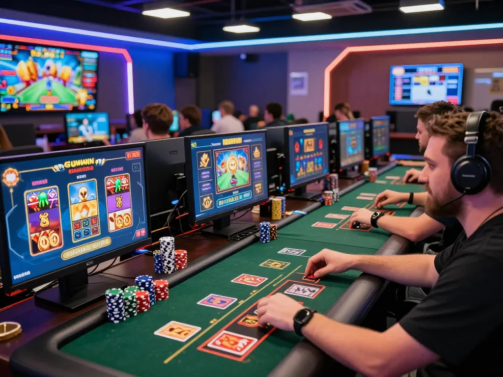Sunwin gaming scene with players immersed in live dealer games and vibrant atmosphere.