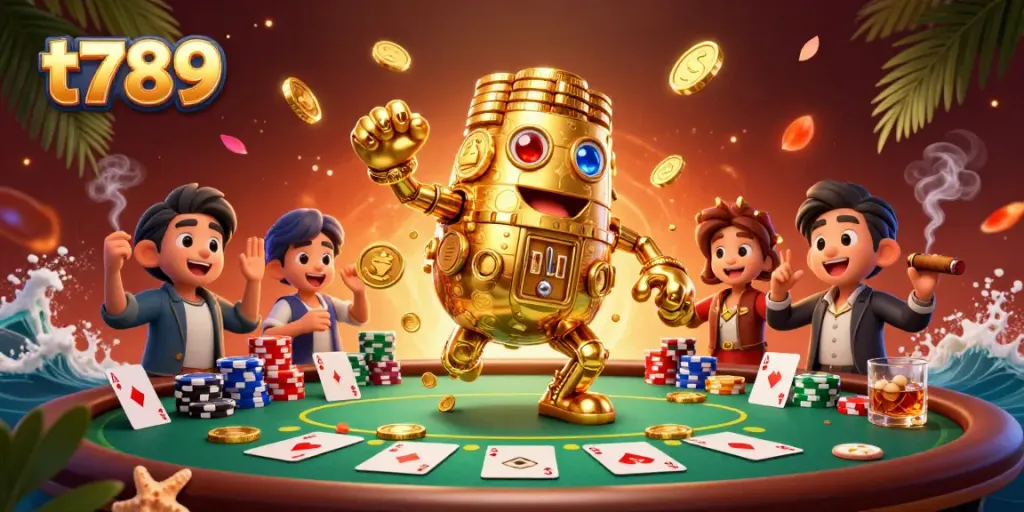 Experience thrilling gaming action with t789's dynamic 3D golden golem and poker scene illustration.